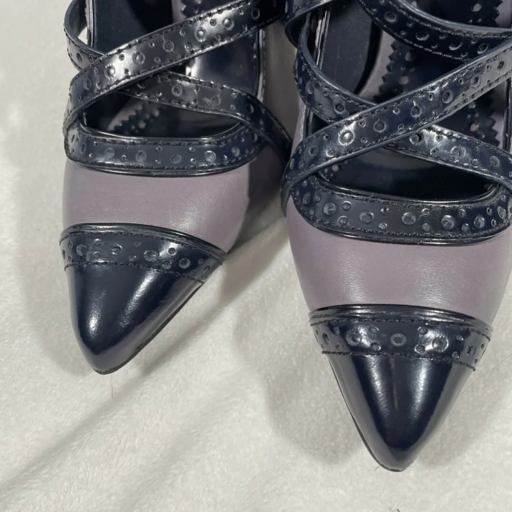 NWD [ 2 LEFT SHOES ] Tory Burch Judith Pointed Toe Strappy Pumps Navy Gray in 9M